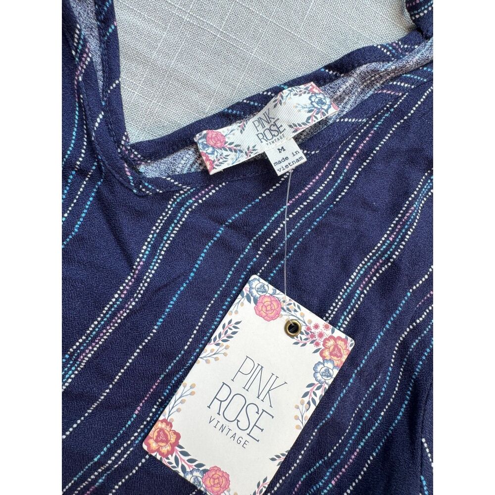 Pink Rose Women's Medium Blue White Dot Stripe Rayon Long Sleeve V Neck Top - Picture 8 of 8